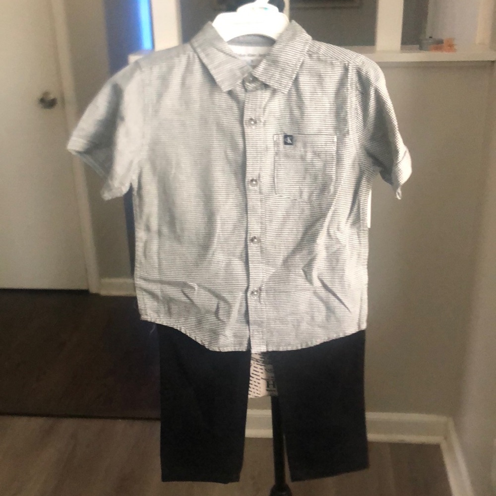 NWT 2Pc Boys Calvin Klein Gray Plaid and Black Pant Outfit Size 5
